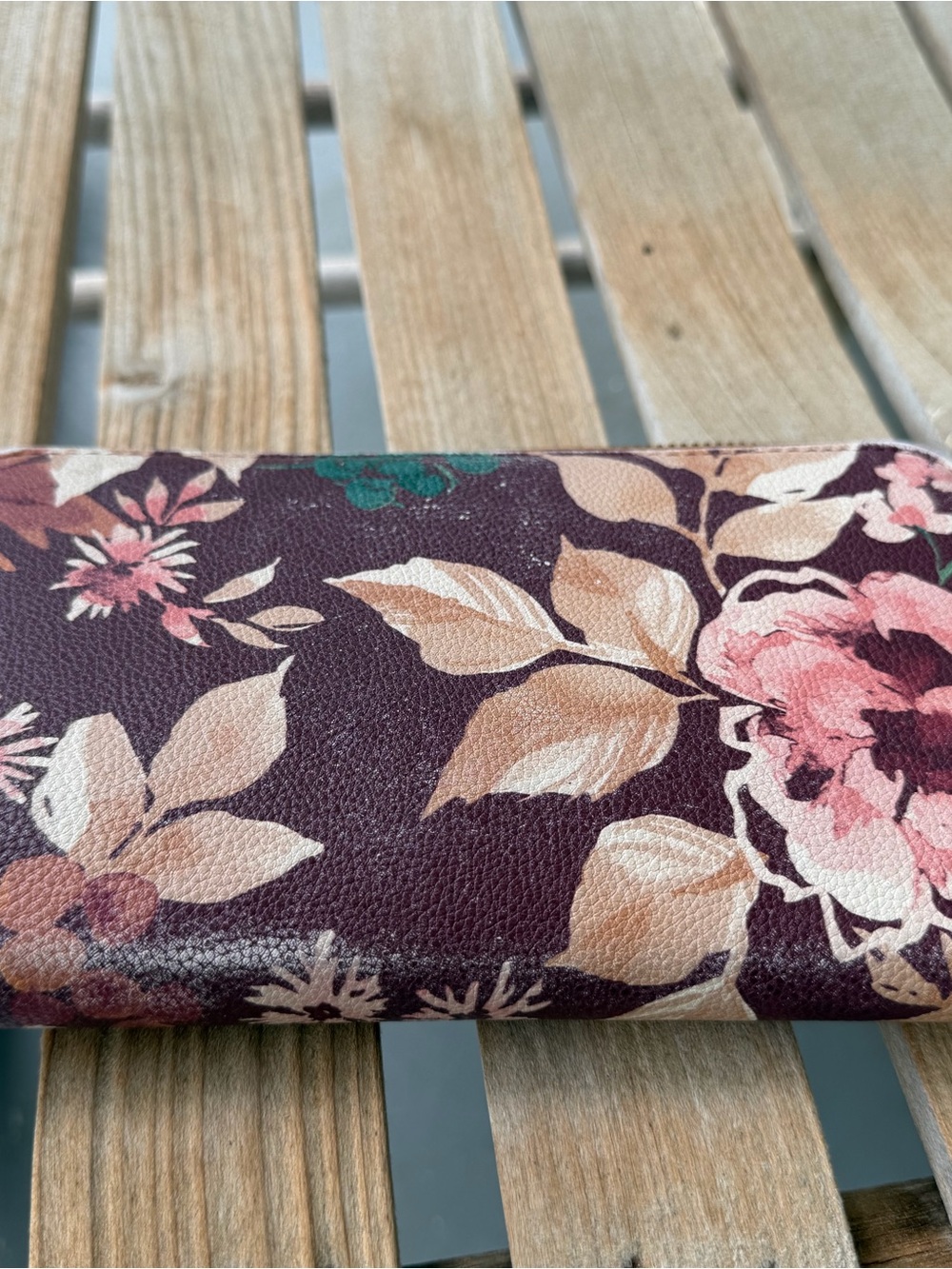 Thirty-One Plum Floral Wallet with Pink and Cream Accents